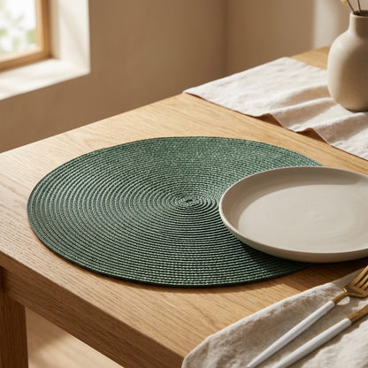 Dineweave™ Round Woven Plastic Placemat, styled close view