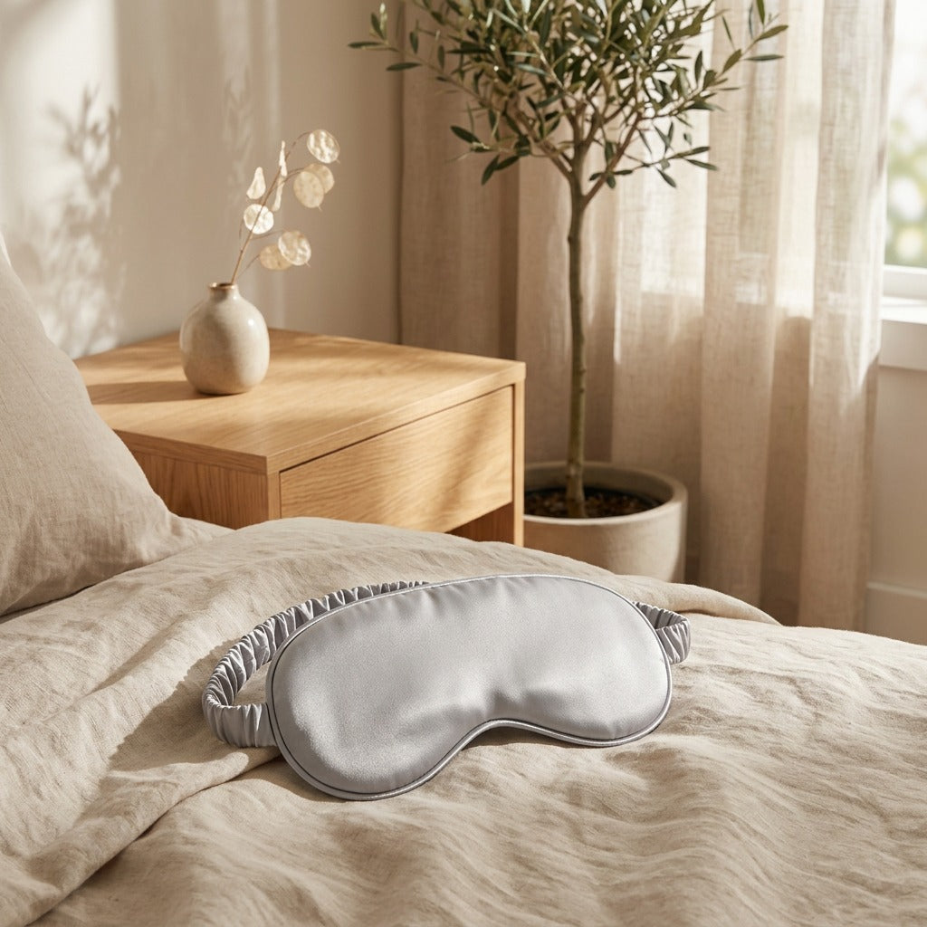 Dimveil™ Ice Silk Linen Eye Mask in a calm home setting
