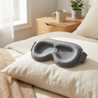 Dozeform™ 3D Stereo Memory Foam Eye Mask in a calm home setting