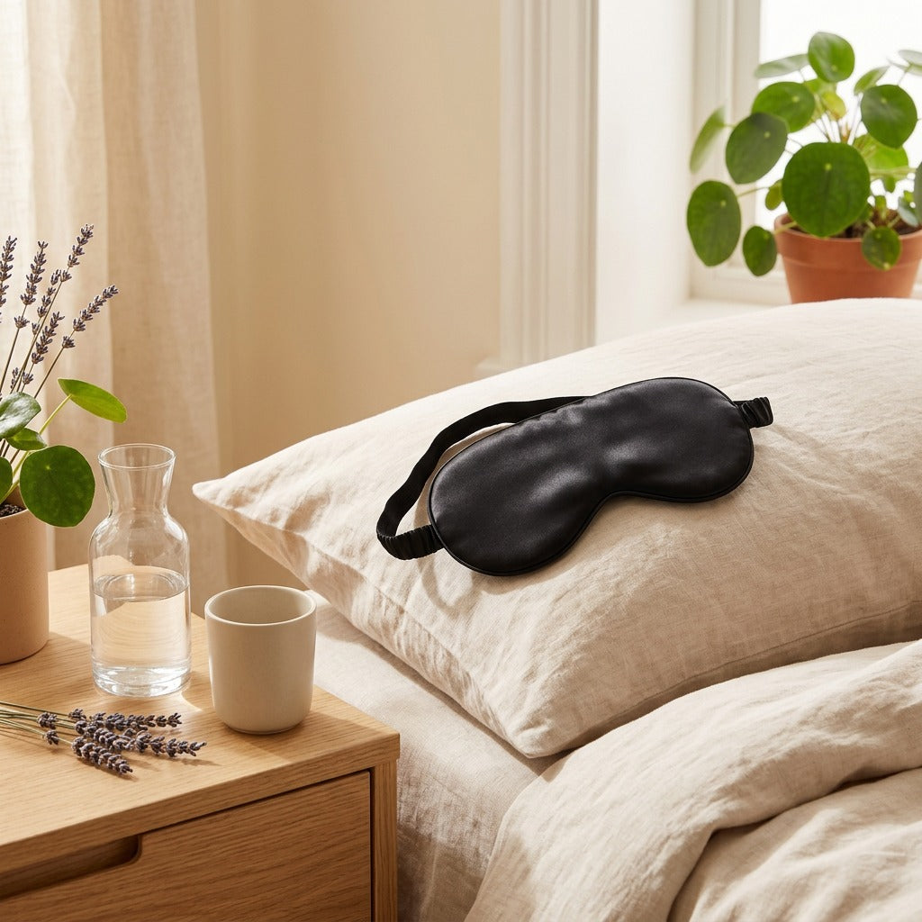 Dreamveil™ Mulberry Silk Sleep Mask in a calm home setting