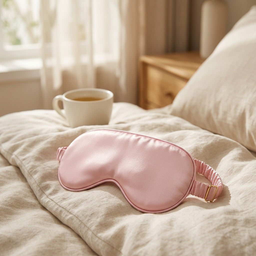 Dreamveil™ Mulberry Silk Sleep Mask, styled close view