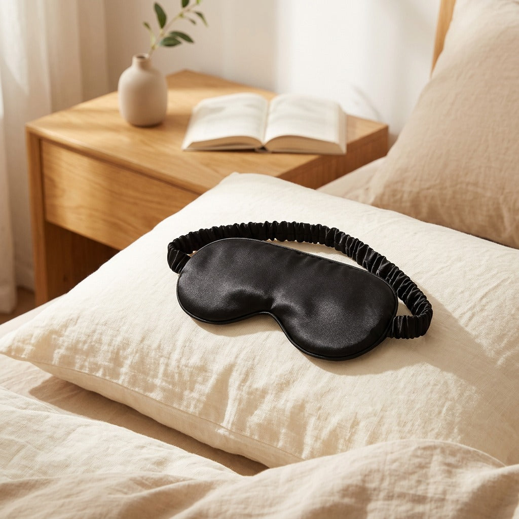 Drowseam™ Mulberry Silk Blackout Eye Mask in a calm home setting