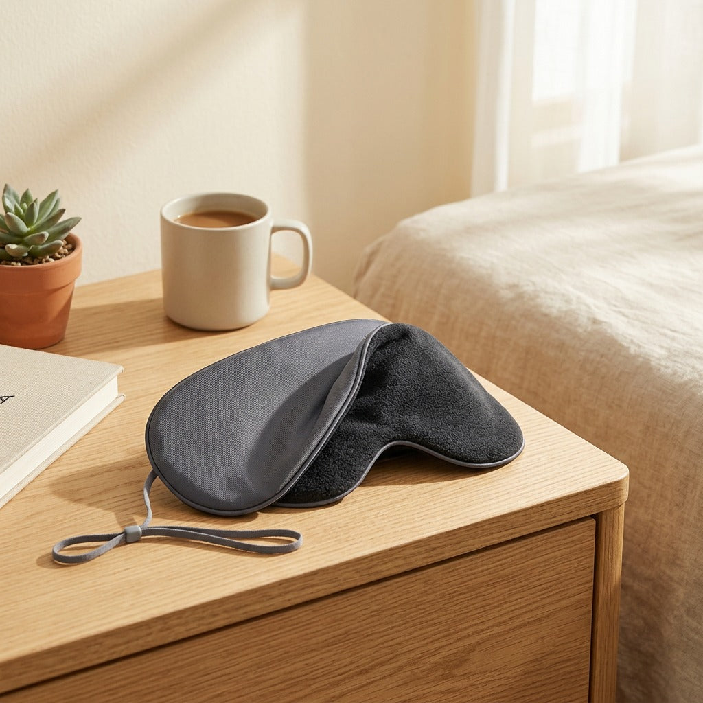 Dualveil™ Double-Sided Warm And Cool Sleep Eye Mask in a calm home setting