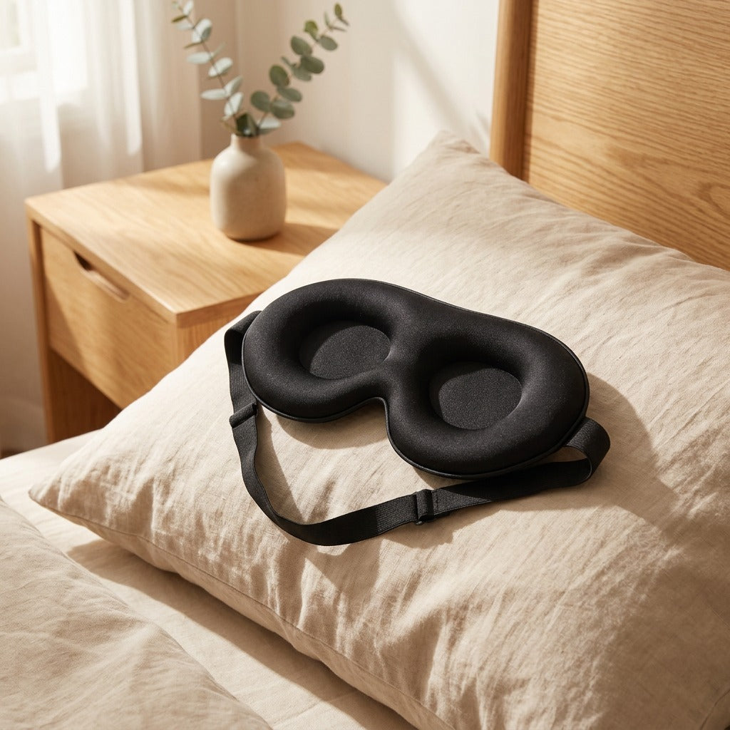 Duonap™ 3D Stereo Memory Foam Eye Mask in a calm home setting