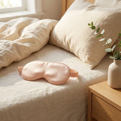 Duoshine™ Double-Sided Satin Sleep Mask in a calm home setting