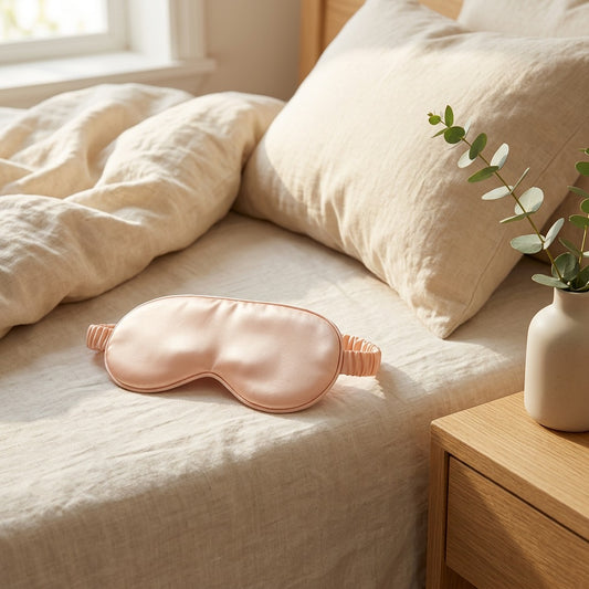 Duoshine™ Double-Sided Satin Sleep Mask in a calm home setting