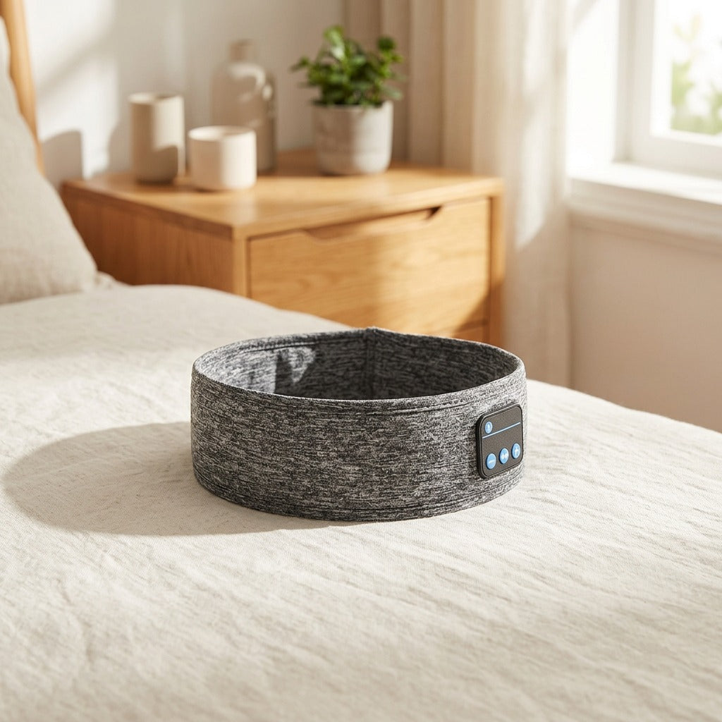 Duskband™ Blackout Eye Mask Bluetooth Headband in a calm home setting