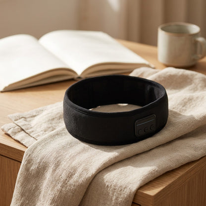 Duskband™ Blackout Eye Mask Bluetooth Headband, styled close view