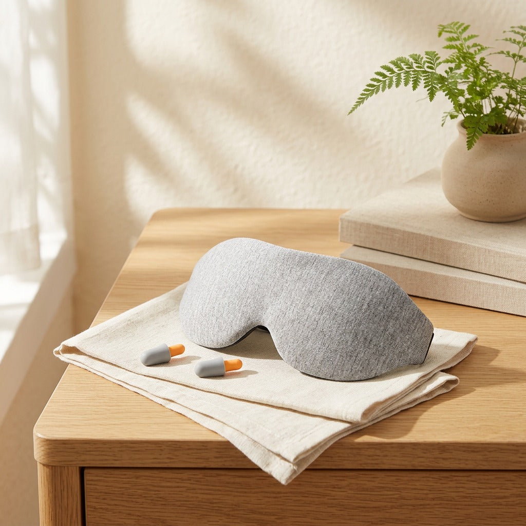 Duskura™ 3D Eye Mask With Earplugs in a calm home setting