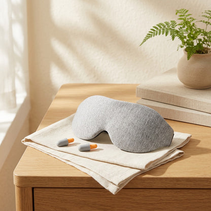 Duskura™ 3D Eye Mask With Earplugs in a calm home setting