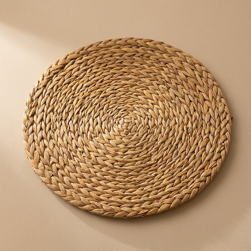 Strawcircle™ Hand-Woven Cattail Straw Round Mat, material and detail close-up