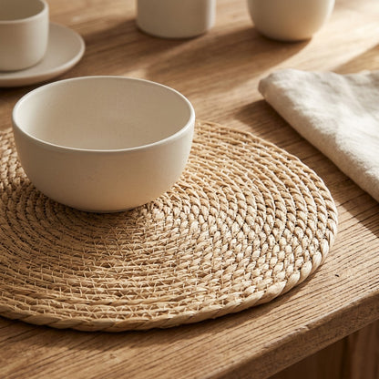 Strawcircle™ Hand-Woven Cattail Straw Round Mat, styled close view