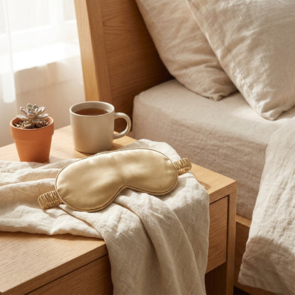 Drowseveil™ Light-Blocking Sleep Eye Mask in a calm home setting