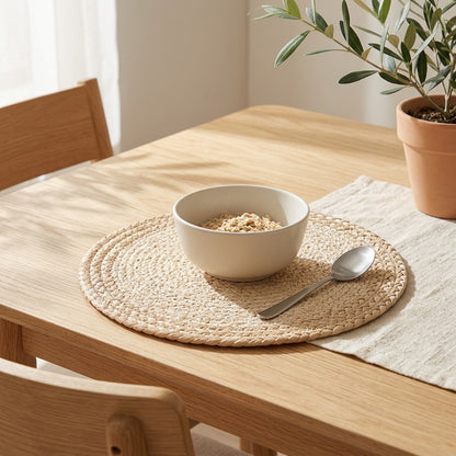 Huskloom™ Round Corn Husk Heat Insulation Mat in a calm home setting