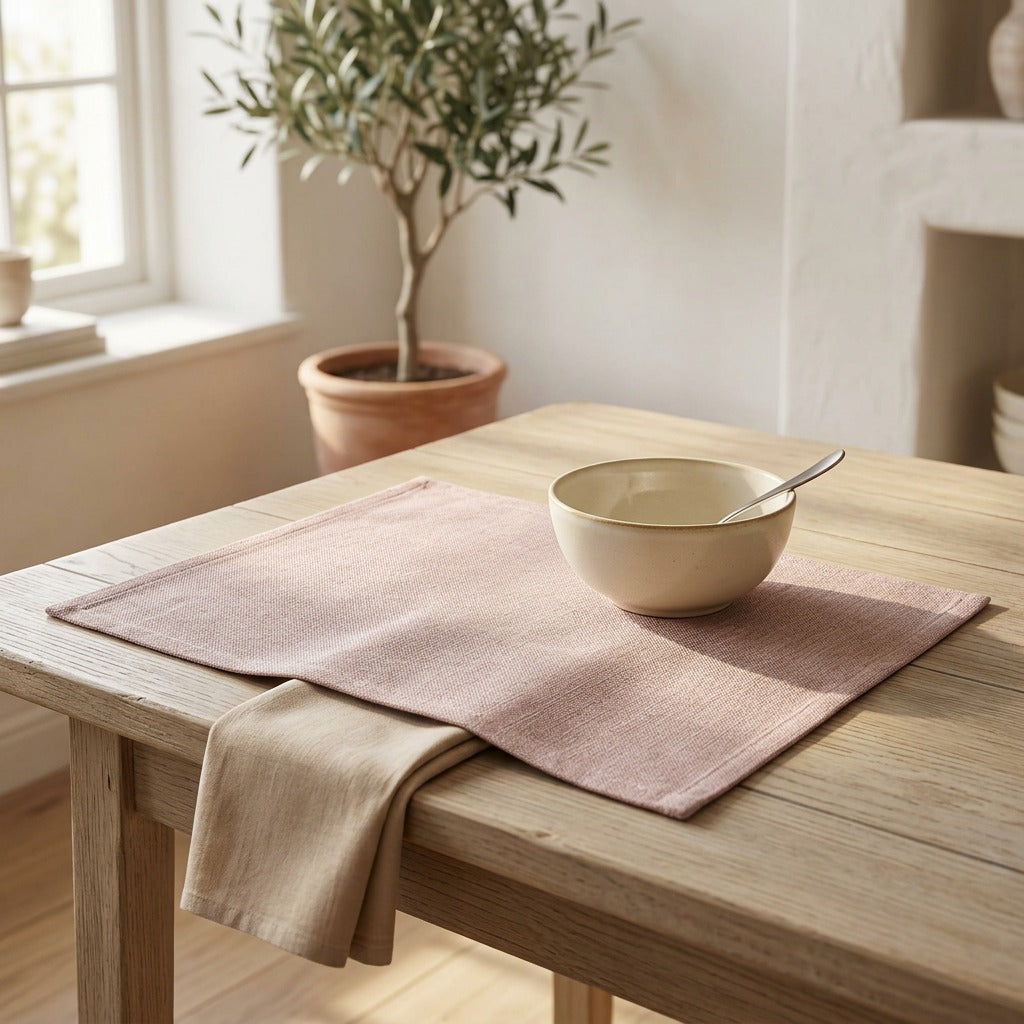 Loomora™ Linen-Style Square Table Mat, styled close view