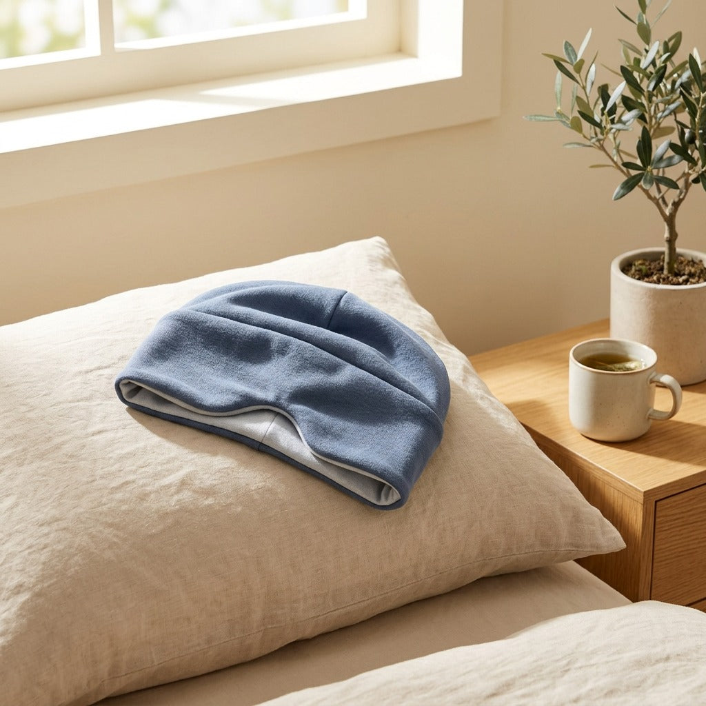 Merinosoft™ Australian Wool Sleep Cap Eye Mask in a calm home setting