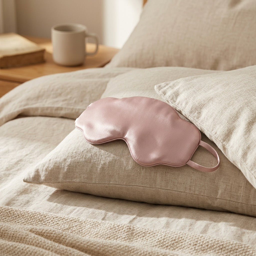 Mulberease™ Mulberry Silk Eye Mask, styled close view