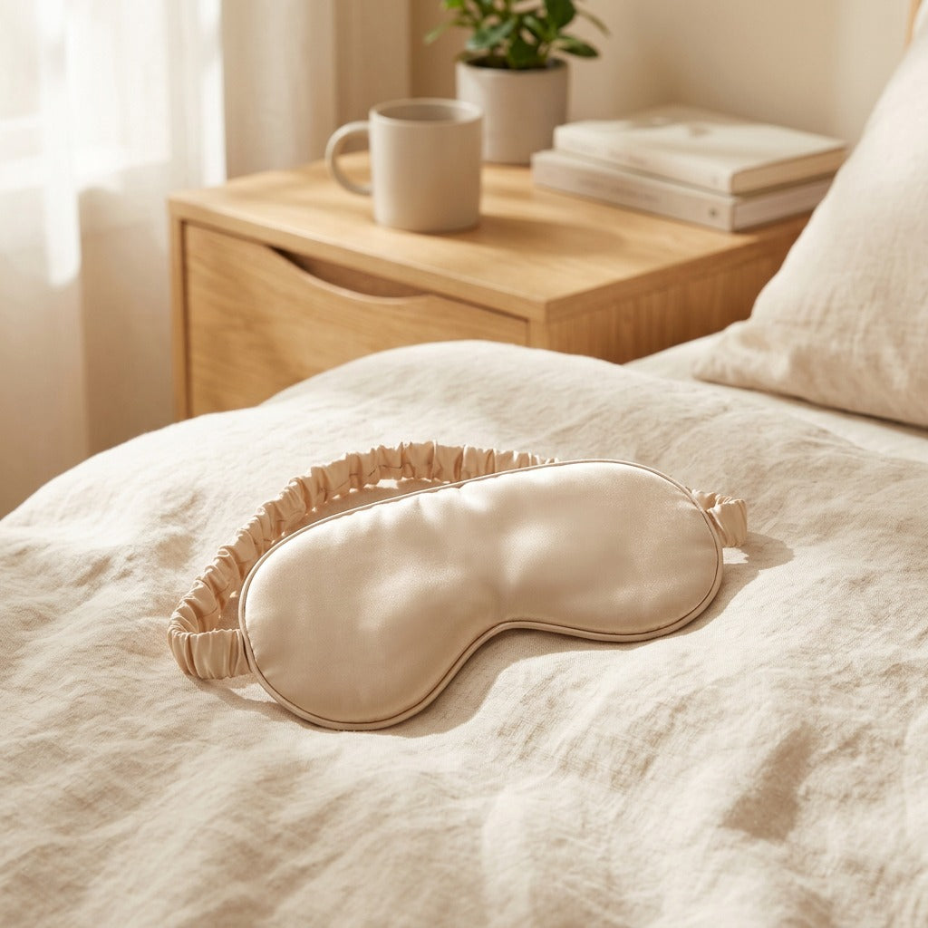 Nightcalm™ Polyester Silk Eye Mask in a calm home setting