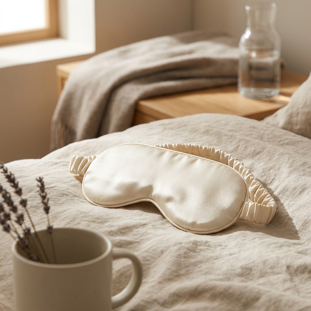 Nightcalm™ Polyester Silk Eye Mask, styled close view