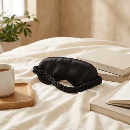 Nightloom™ Satin Blackout Eye Mask in a calm home setting