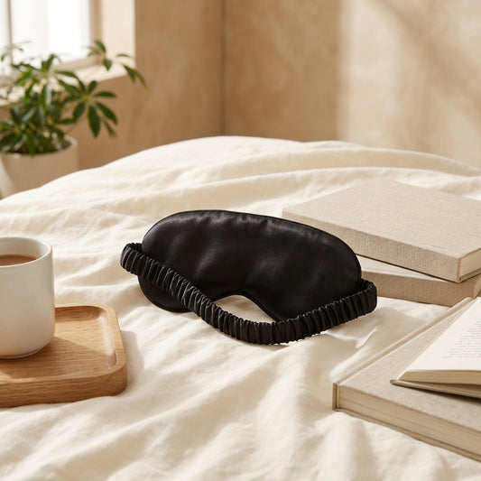 Nightloom™ Satin Blackout Eye Mask in a calm home setting