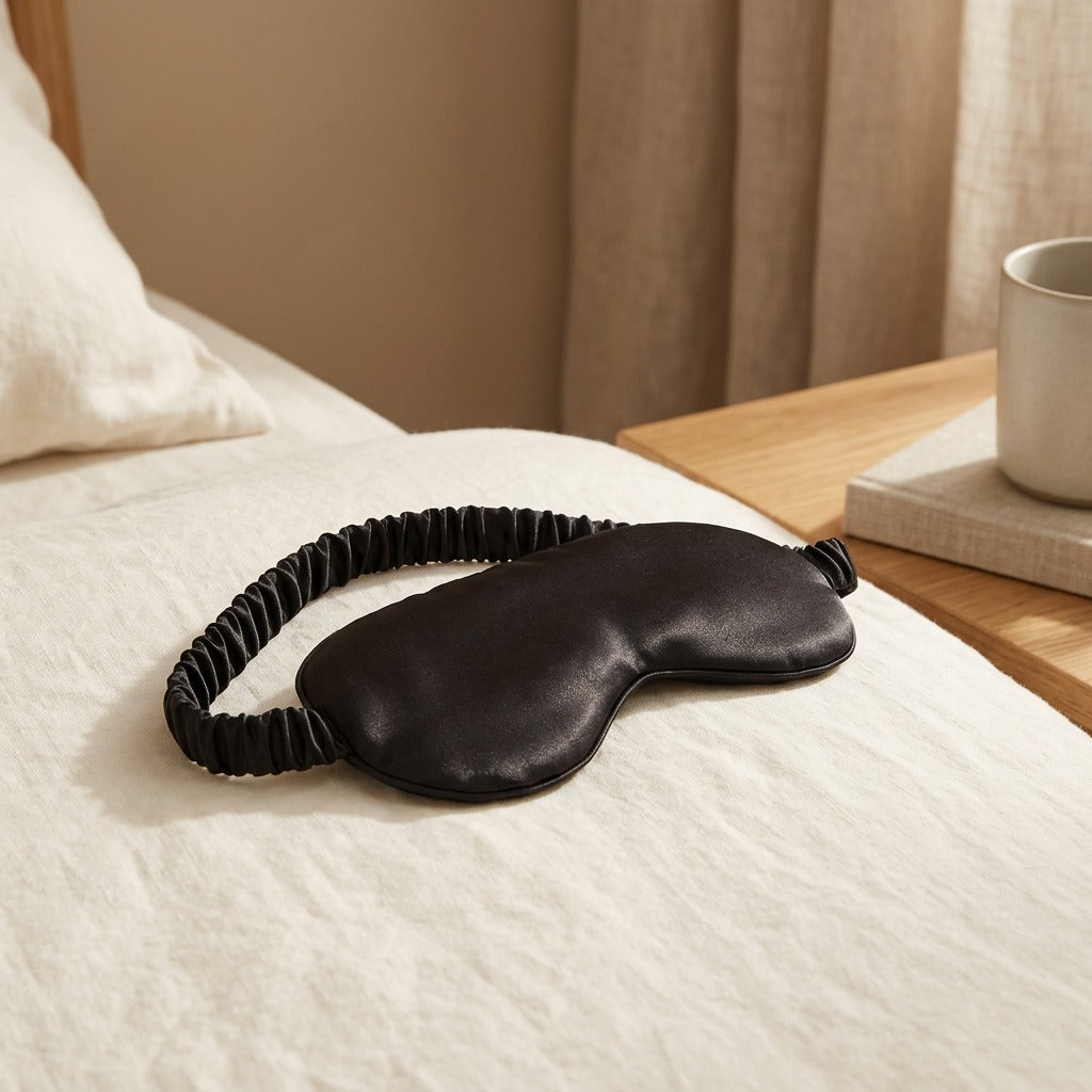 Nightloom™ Satin Blackout Eye Mask, styled close view