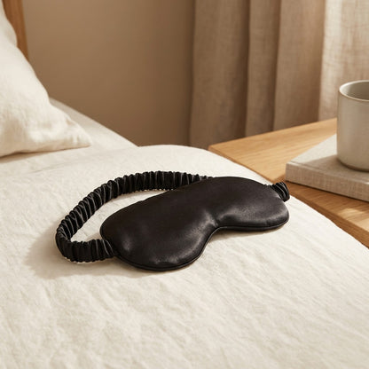Nightloom™ Satin Blackout Eye Mask, styled close view
