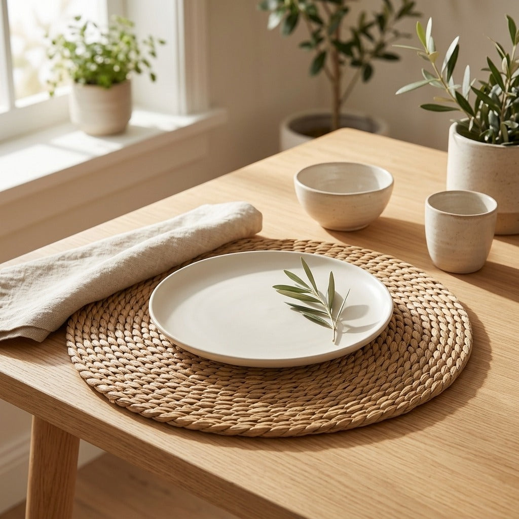 Reedloom™ Woven Seagrass Round Table Mat in a calm home setting