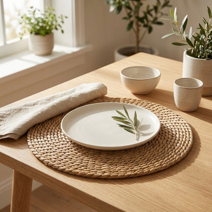 Reedloom™ Woven Seagrass Round Table Mat in a calm home setting