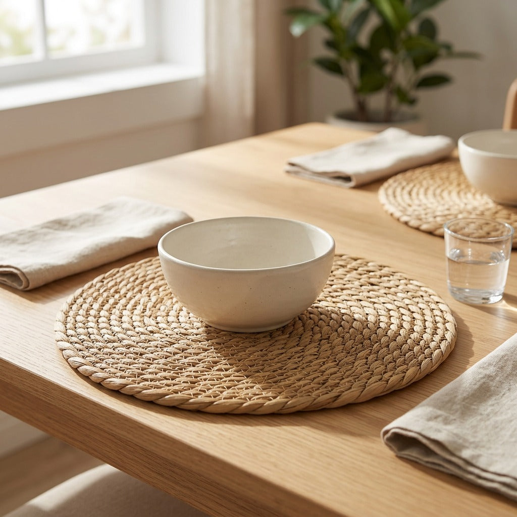 Reedloom™ Woven Seagrass Round Table Mat, styled close view