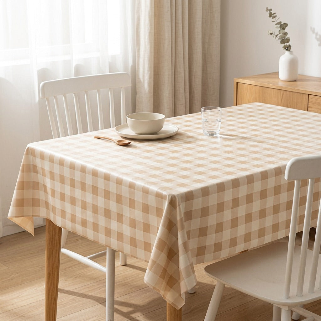 Plaidle™ PEVA Plaid Dining Tablecloth in a calm home setting