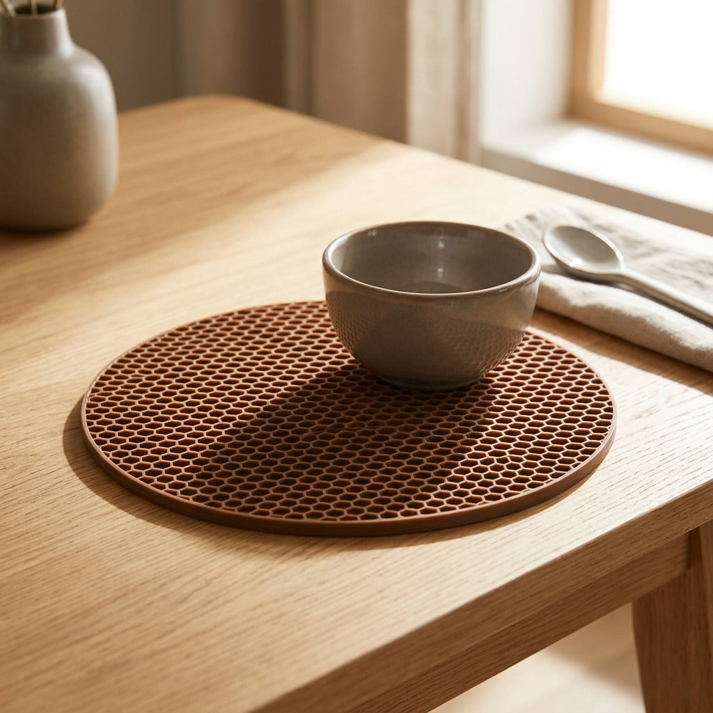 Trivetguard™ Round Dining Table Mat for Heat Insulation, styled close view