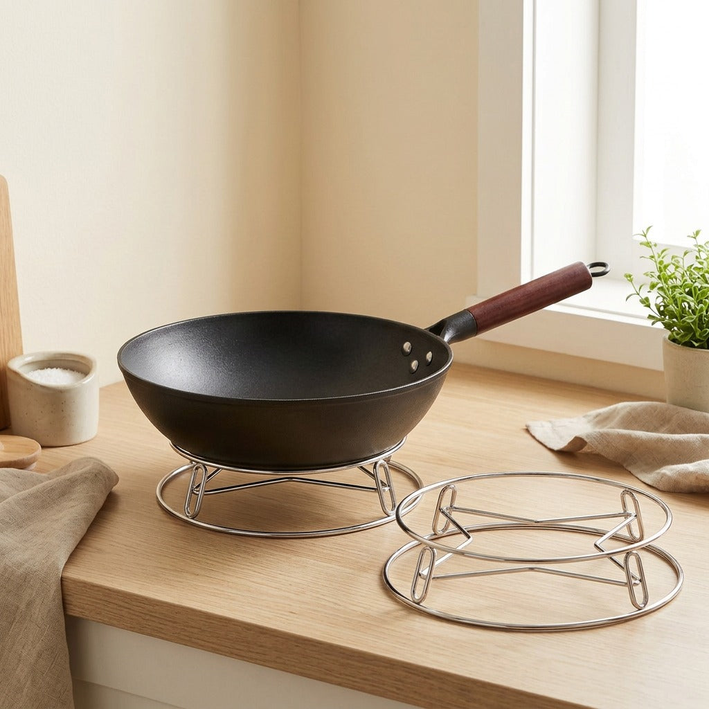 Potnest™ Stainless Steel Countertop Pot Rack in a calm home setting