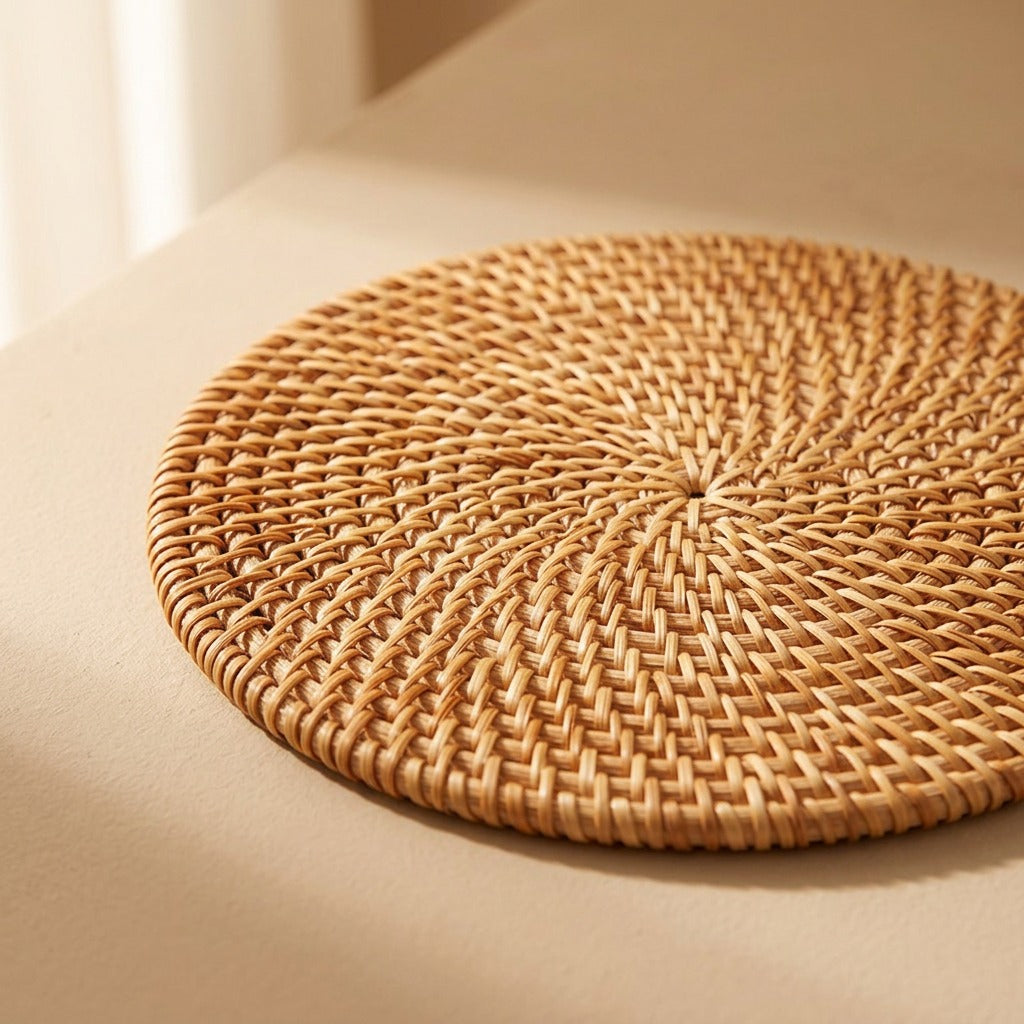 Rattanloom™ Rattan Round Table Mat, material and detail close-up