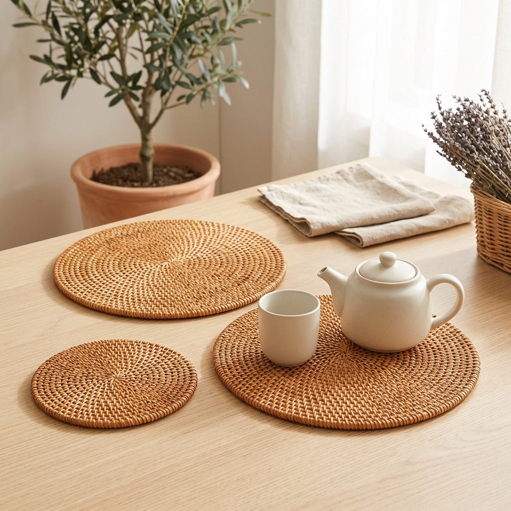 Rattanloom™ Rattan Round Table Mat in a calm home setting