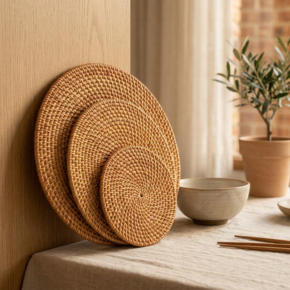 Rattanloom™ Rattan Round Table Mat, styled close view