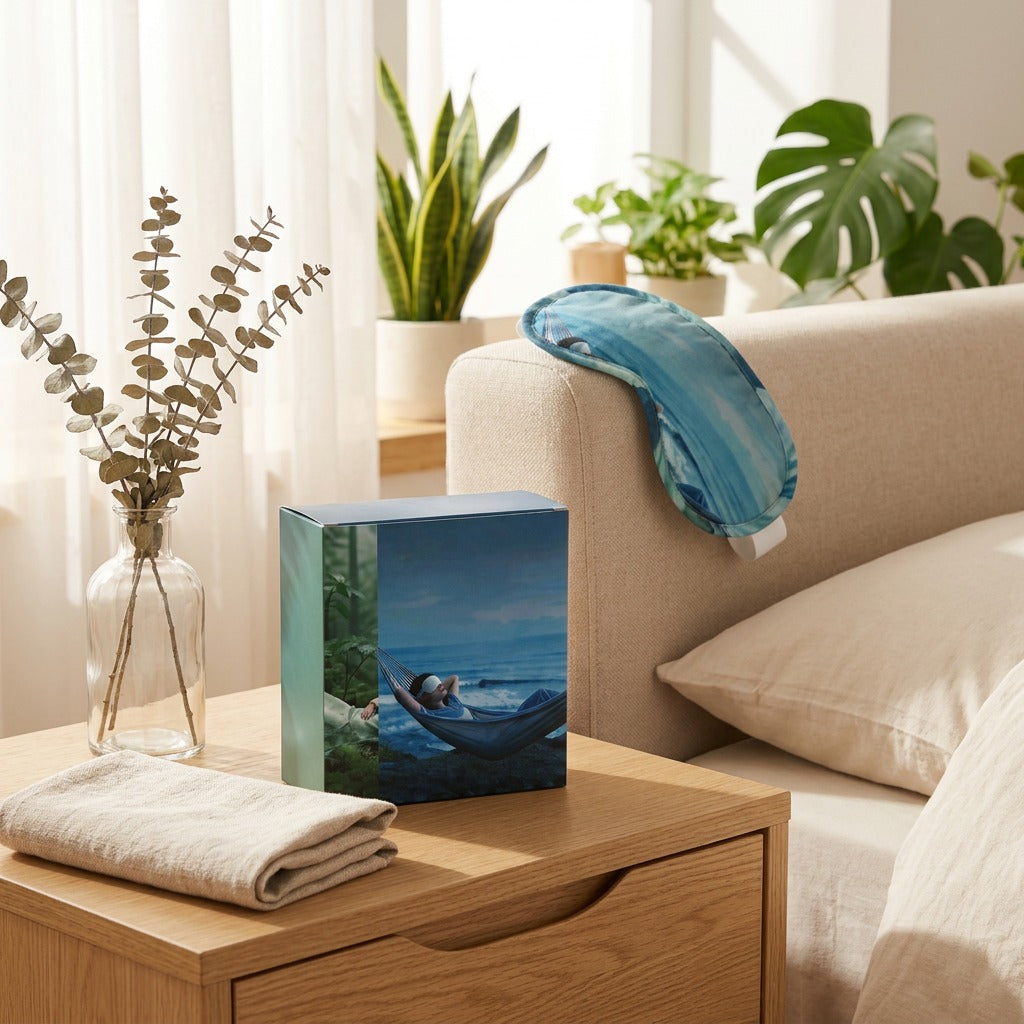 Restglow™ Self-Heating Steam Eye Mask in a calm home setting
