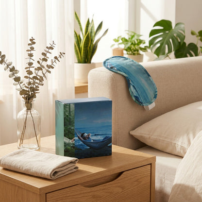 Restglow™ Self-Heating Steam Eye Mask in a calm home setting