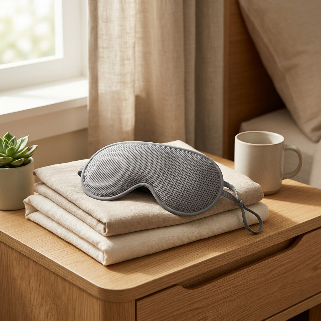 Restweft™ Double-Sided Polyester Eye Mask in a calm home setting