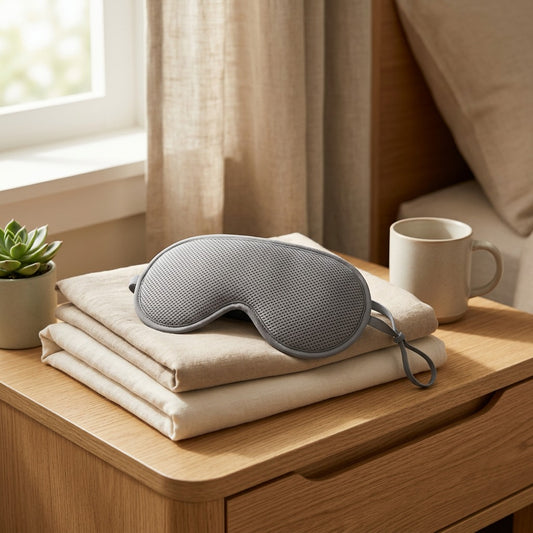 Restweft™ Double-Sided Polyester Eye Mask in a calm home setting