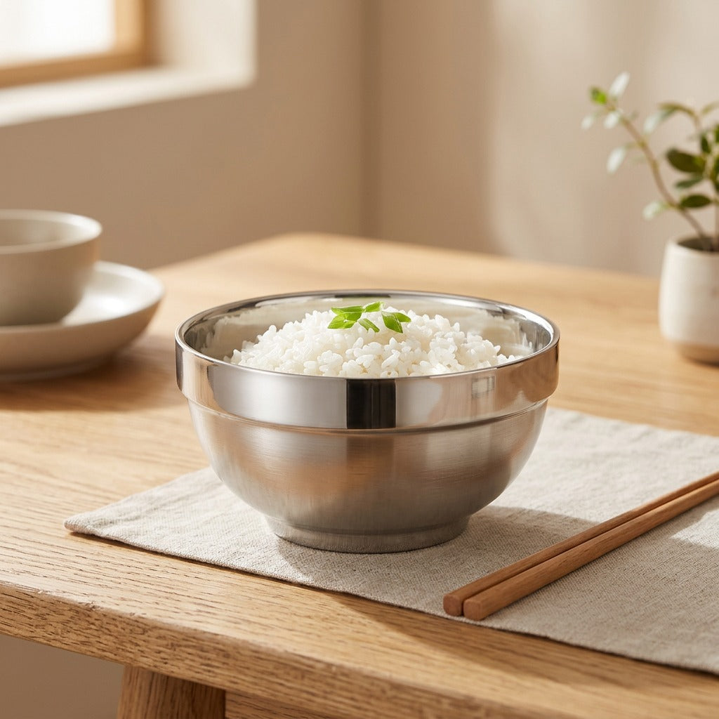 Rimwell™ Double-Layer Stainless Steel Rice Bowl, styled close view