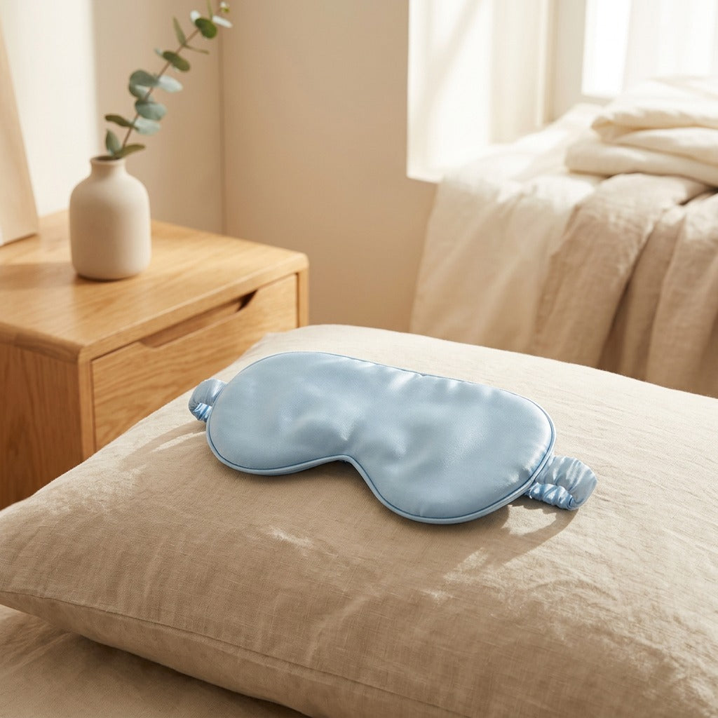 Silkora™ Mulberry Silk Sleep Mask in a calm home setting