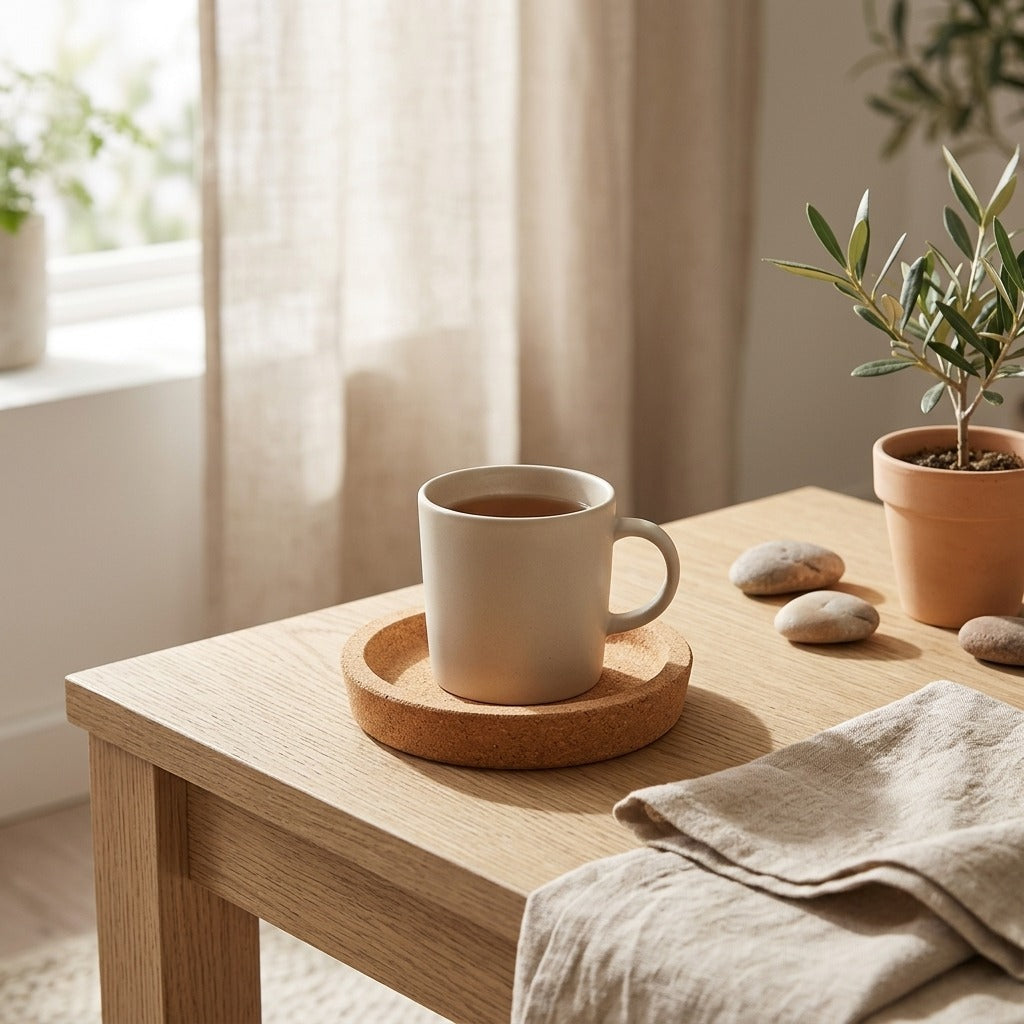 Sipcove™ Round Cork Coaster with Printed Logo in a calm home setting