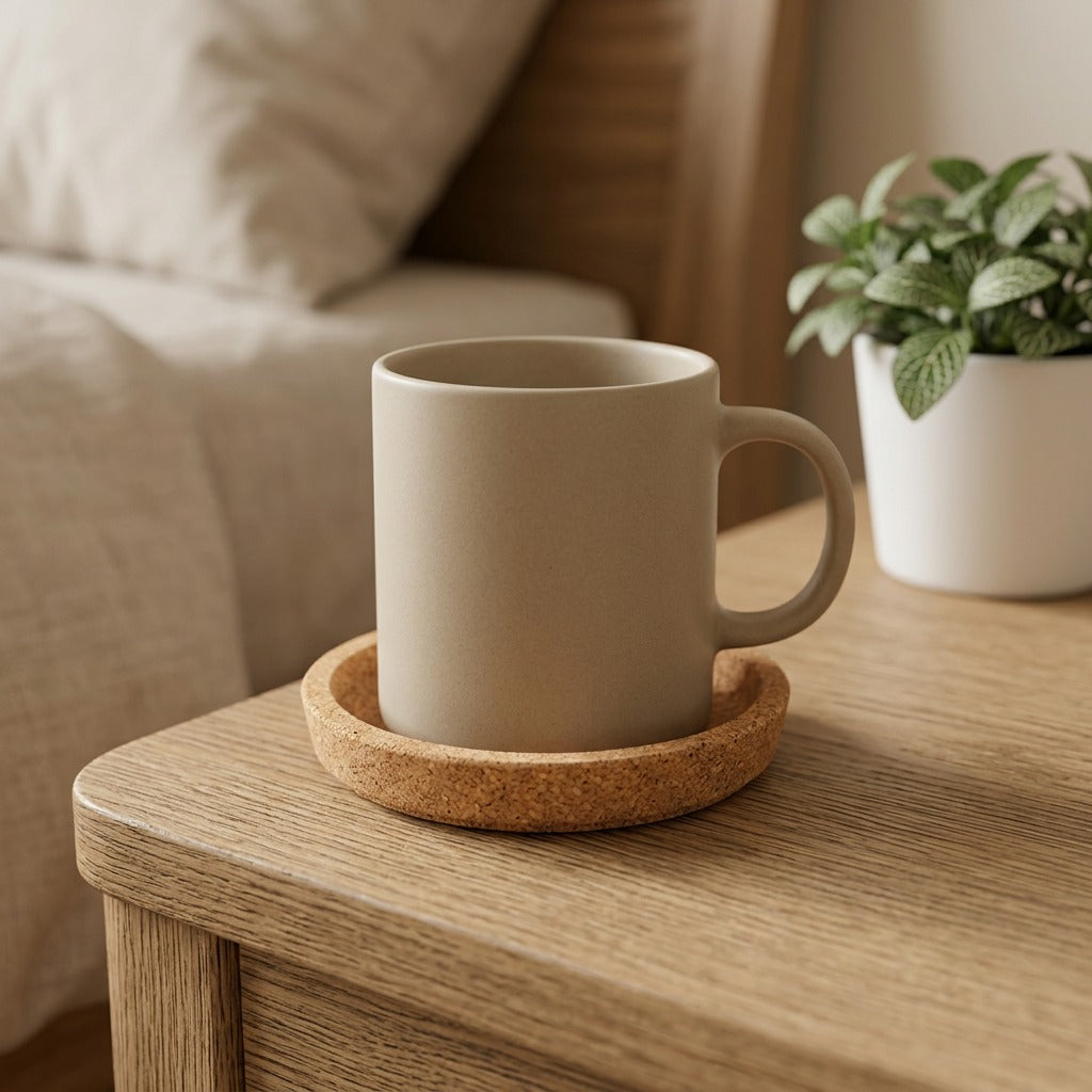 Sipcove™ Round Cork Coaster with Printed Logo, styled close view