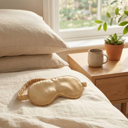 Sleepsoothe™ Double-Sided Silk Sleeping Eye Mask in a calm home setting