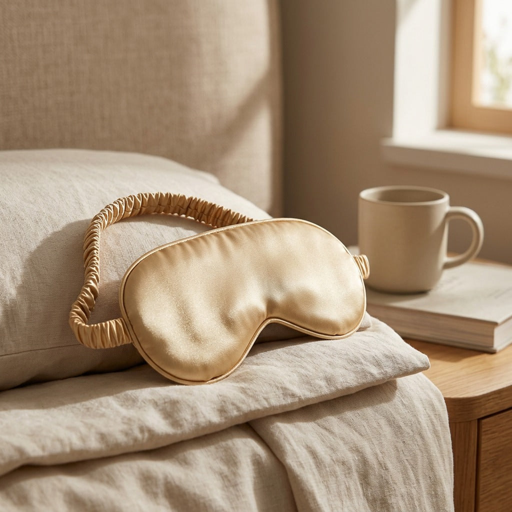 Sleepsoothe™ Double-Sided Silk Sleeping Eye Mask, styled close view