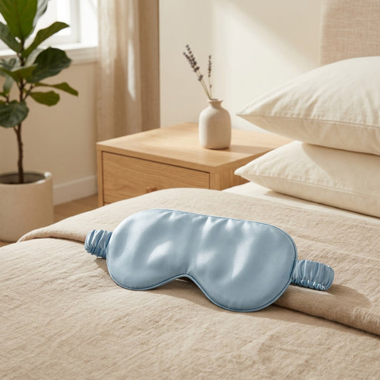Sleepglide™ Double-Sided Silk Eye Mask in a calm home setting