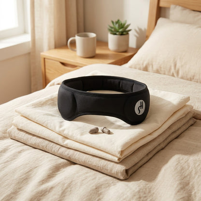 Snoozewrap™ Head-Mounted Sleep Ear Muffs in a calm home setting