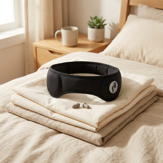 Snoozewrap™ Head-Mounted Sleep Ear Muffs in a calm home setting