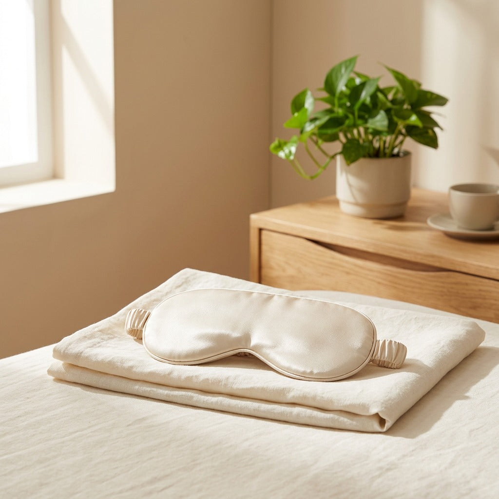Softsleep™ Double-Sided Silk Eye Mask in a calm home setting
